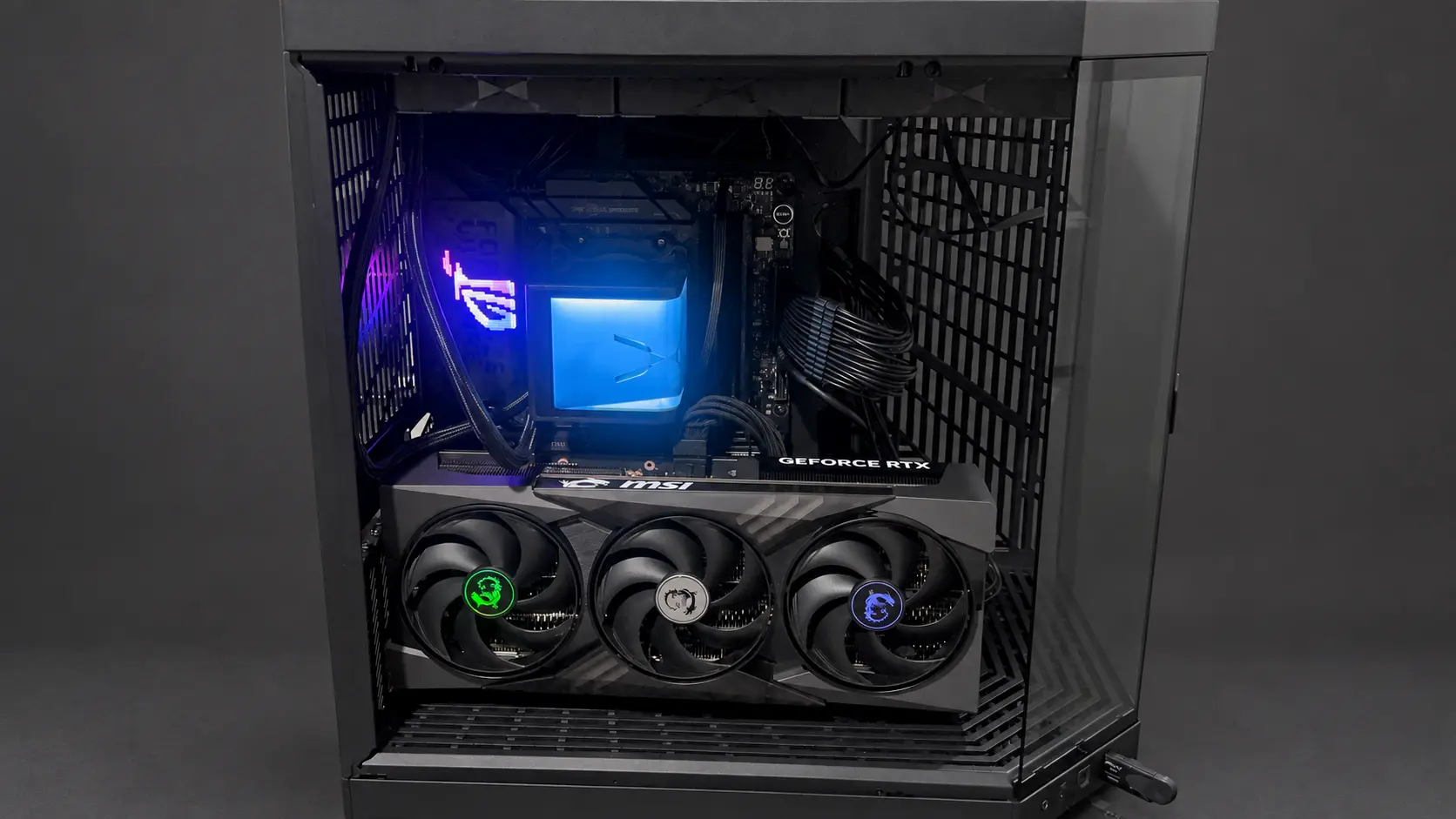 The assembled PC, powered on