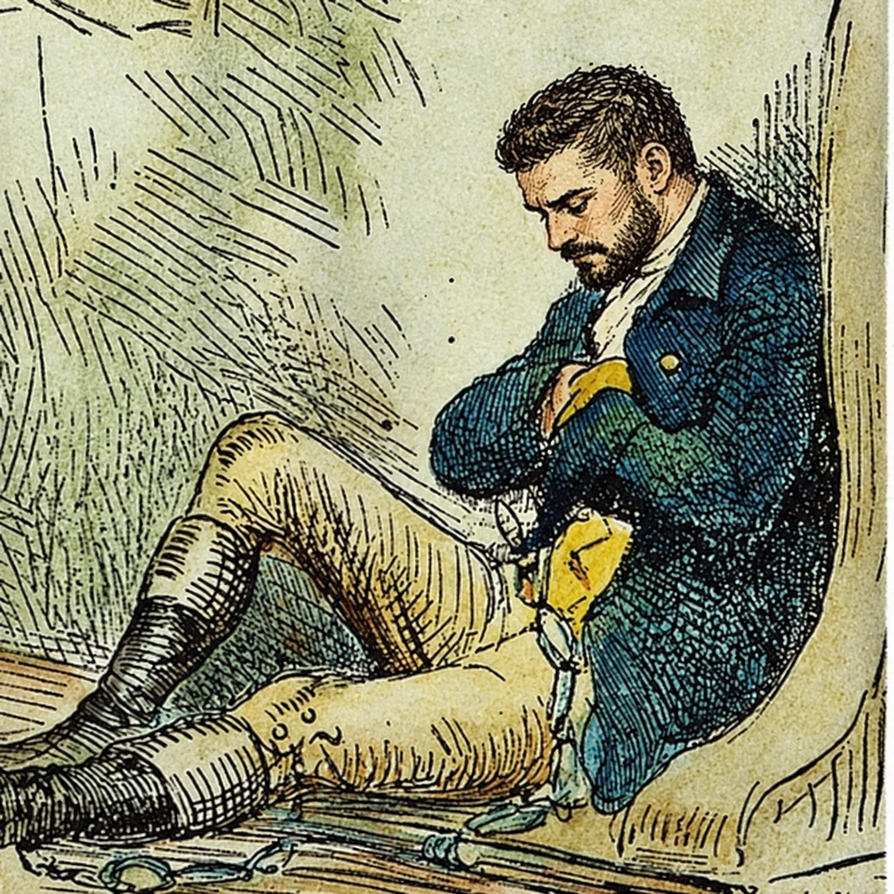 Antique-style engraving of a seated man in a blue coat, head bowed